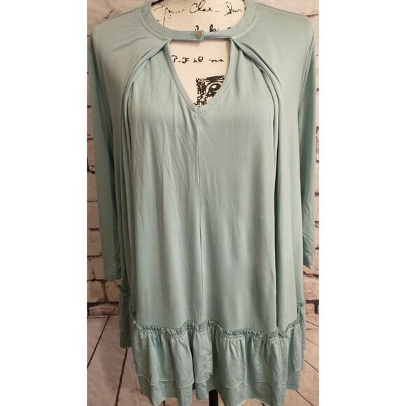 Womens Small Ruffle Aqua Blue Ruffle 3/4 Sleeve Casual Tunic Top Cottagecore - Picture 1 of 8